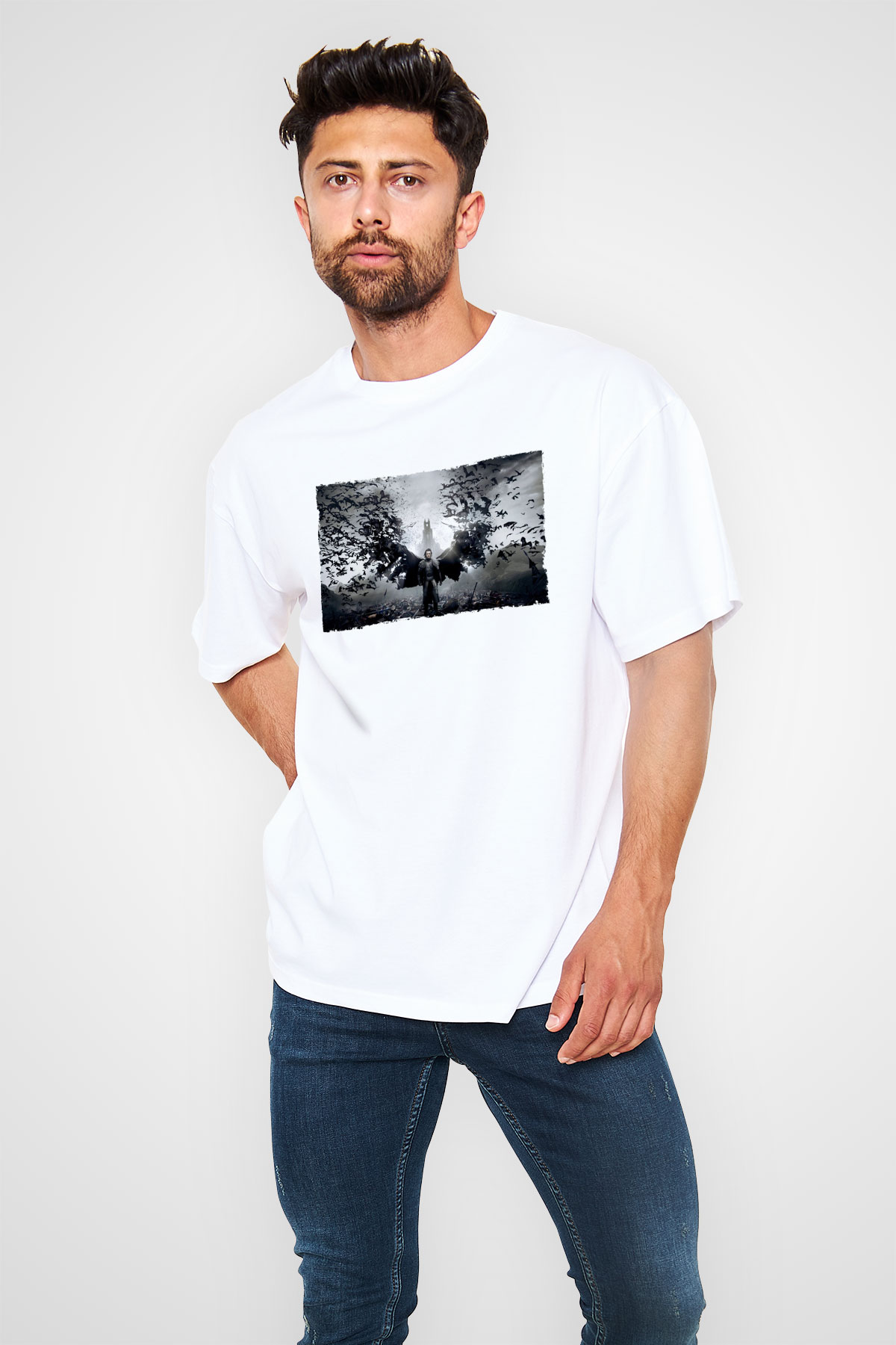 Unisex Dracula Untold Baskılı Beyaz Oversize Oversize T-shirt