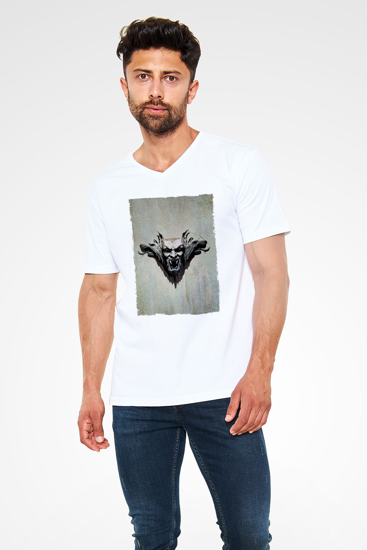 Unisex Drakula Baskılı Beyaz V Yaka Tshirt