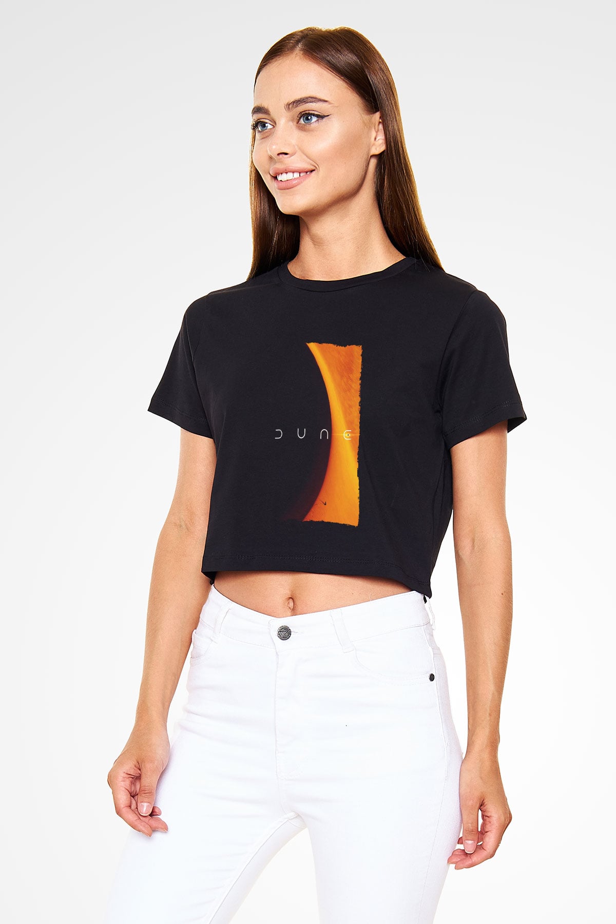 Unisex Dune Baskılı Siyah Crop Top T-shirt