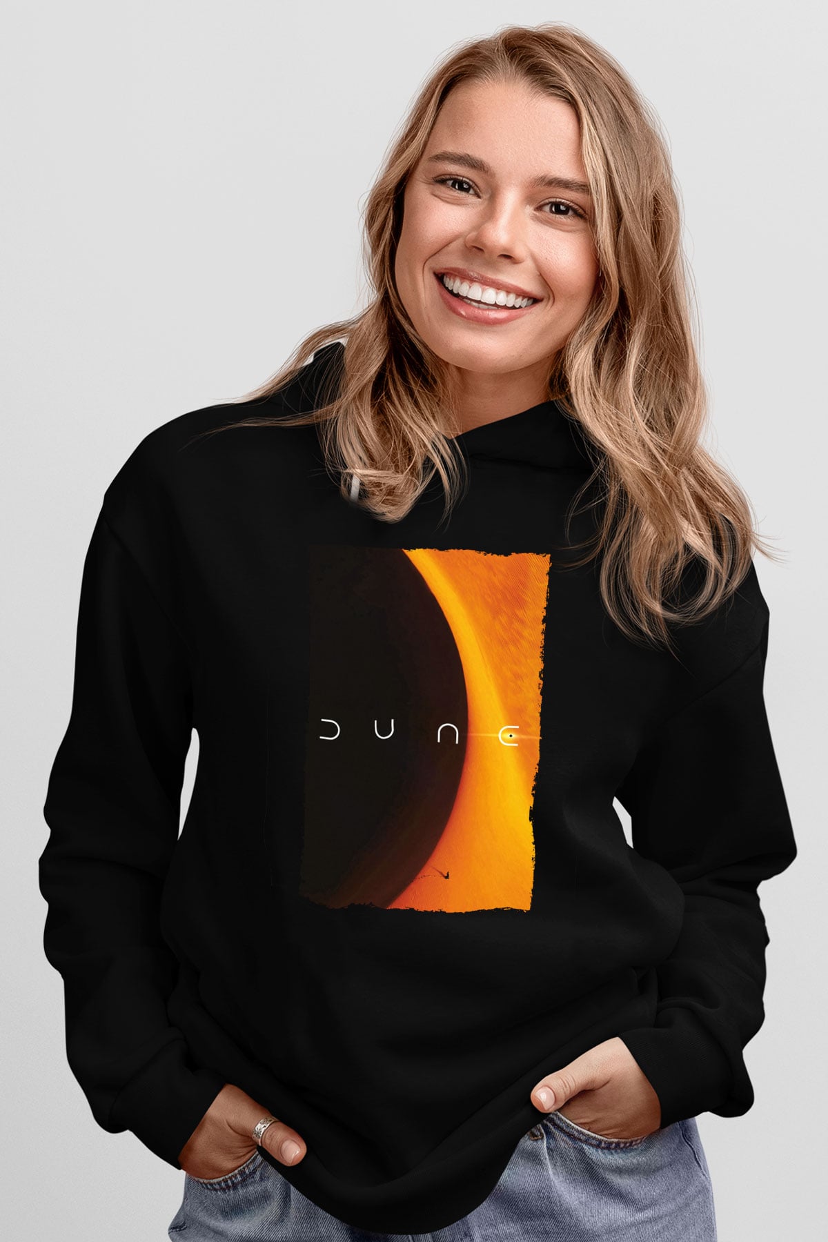 Unisex Dune Baskılı Siyah Kapüşonlu Sweatshirt