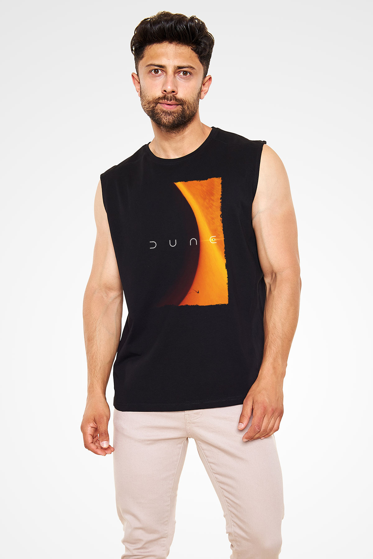 Unisex Dune Baskılı Siyah Kolsuz T-shirt
