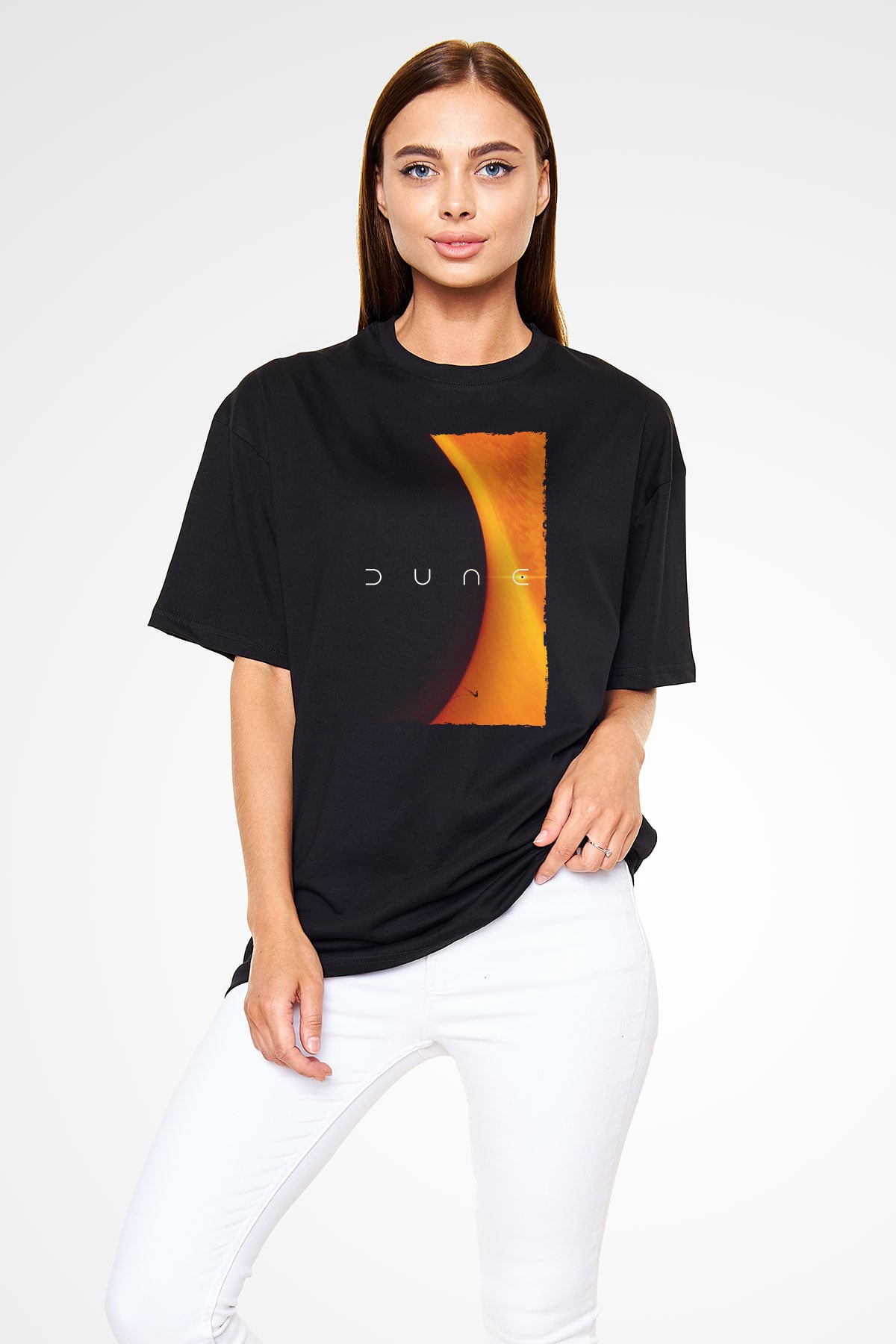 Unisex Dune Baskılı Siyah Oversize T-shirt