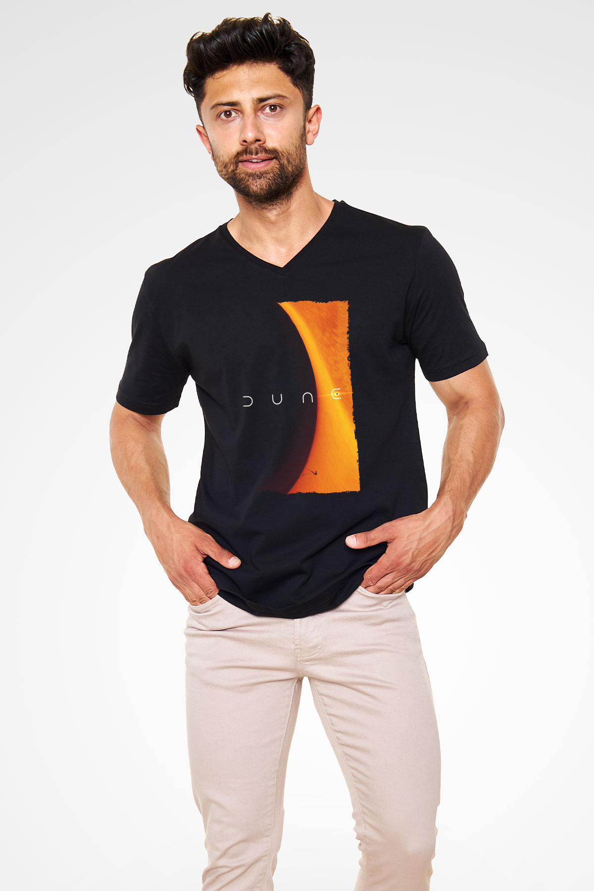 Unisex Dune Baskılı Siyah V Yaka T-shirt