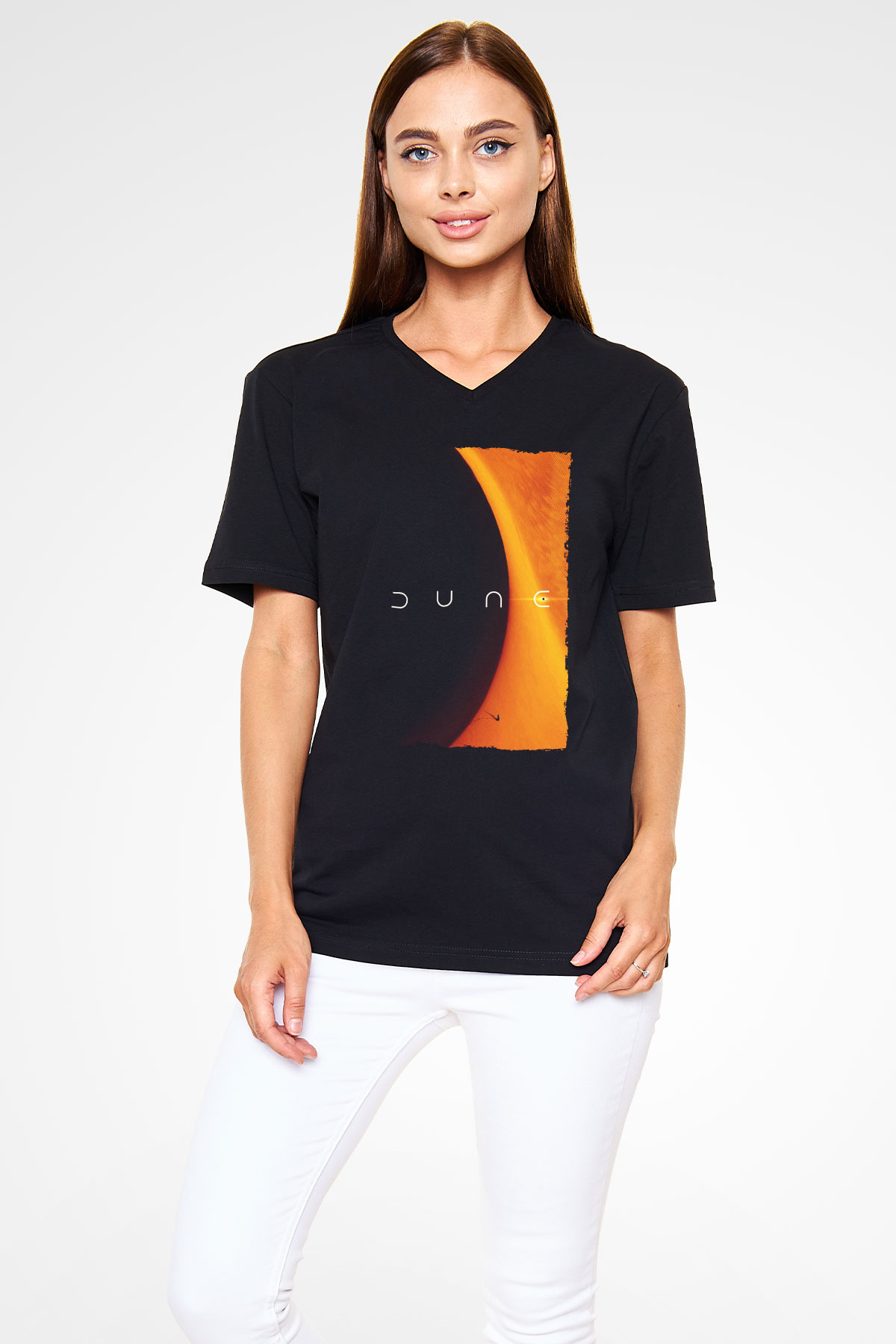Unisex Dune Baskılı Siyah V Yaka T-shirt