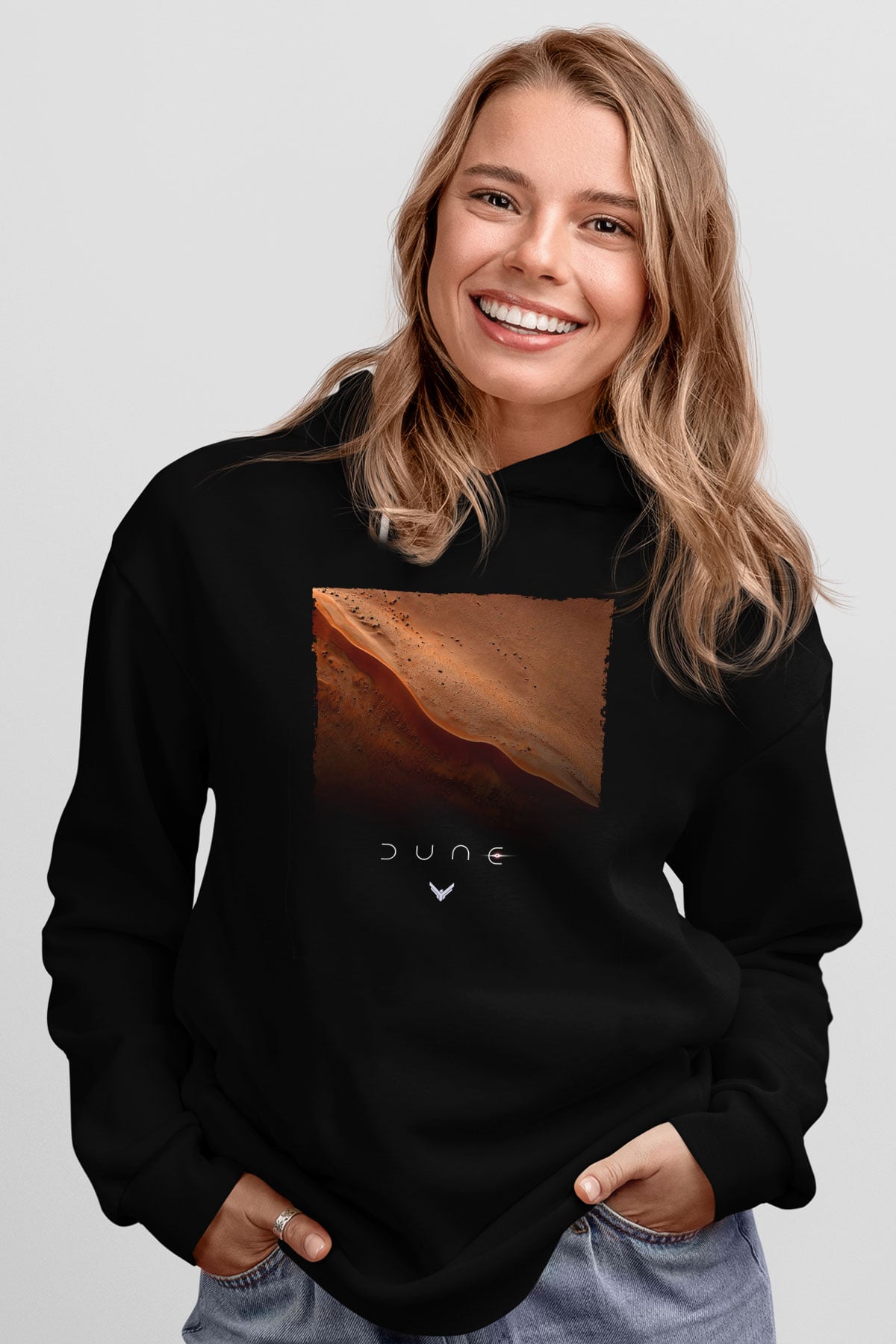 Unisex Dune Çöl Gezegeni (Dune) Baskılı Siyah Kapüşonlu Sweatshirt