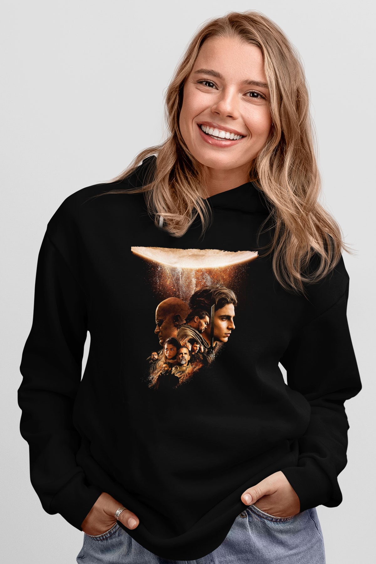 Unisex Dune Part Two Baskılı Siyah Kapüşonlu Sweatshirt