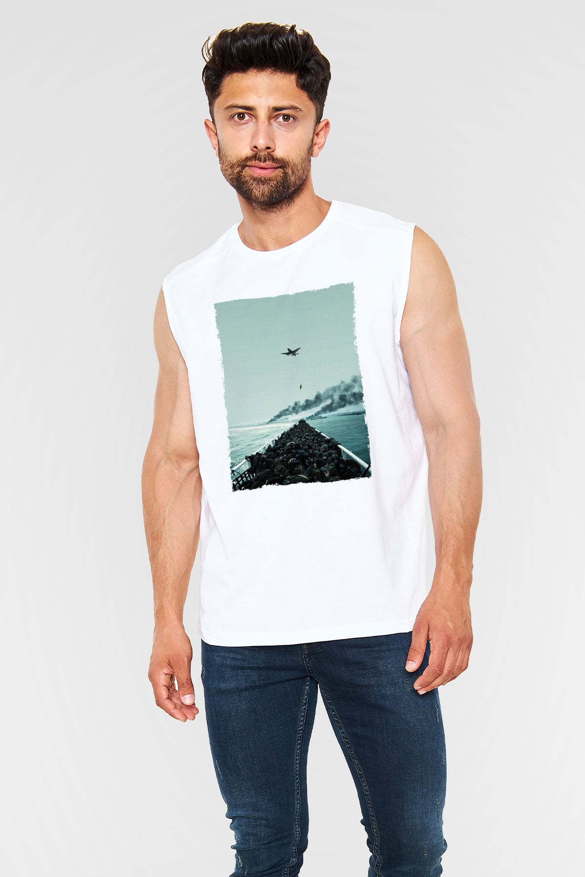 Unisex Dunkirk Baskılı Beyaz Kolsuz Tshirt