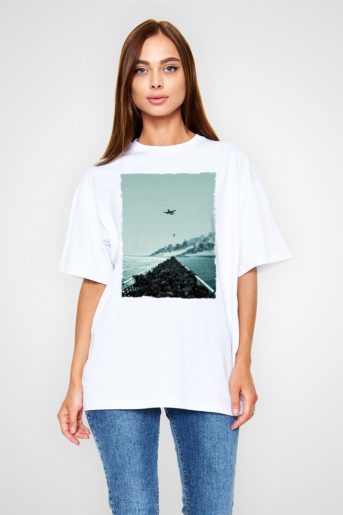 Unisex Dunkirk Baskılı Beyaz Oversize Oversize T-shirt