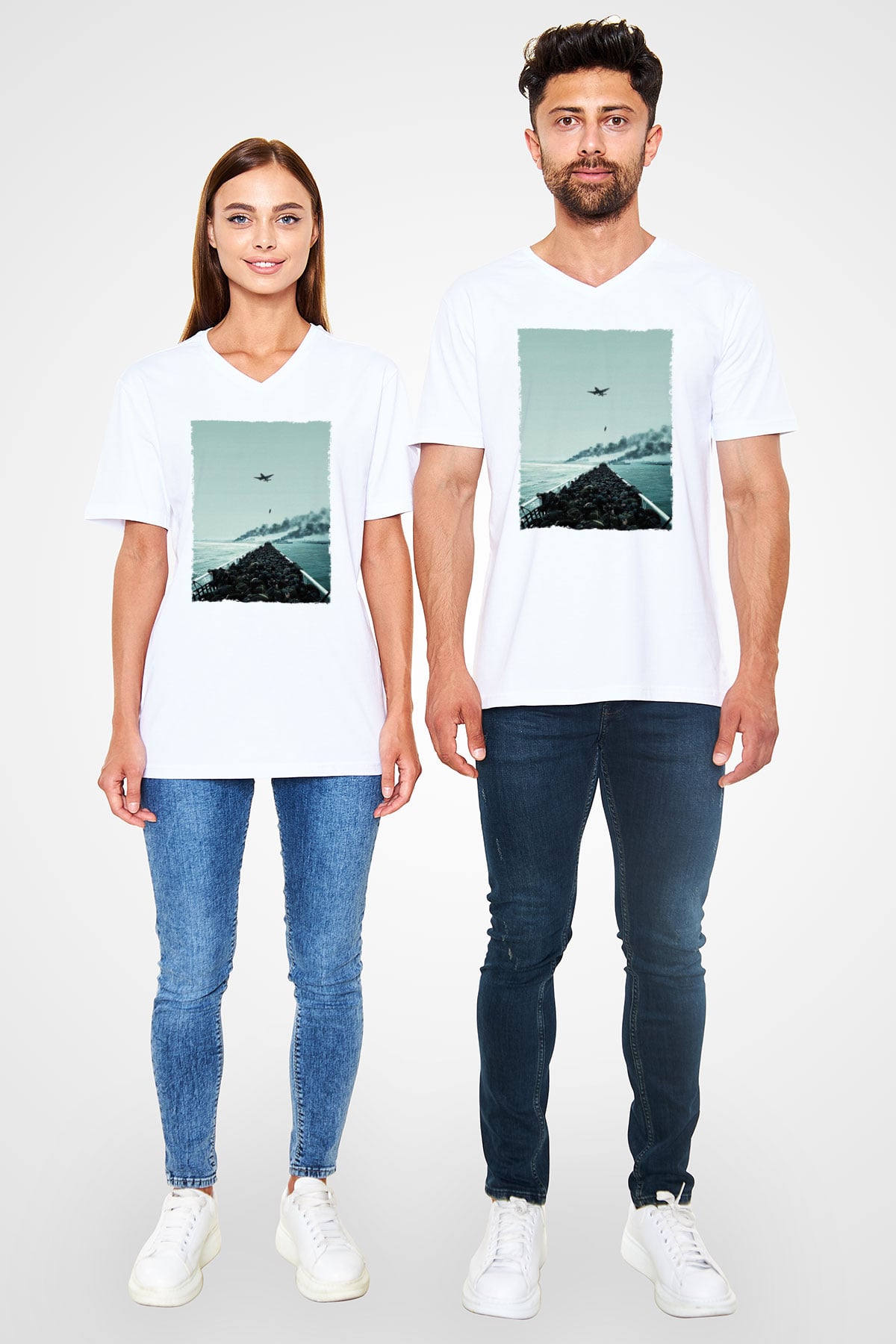Unisex Dunkirk Baskılı Beyaz V Yaka Tshirt
