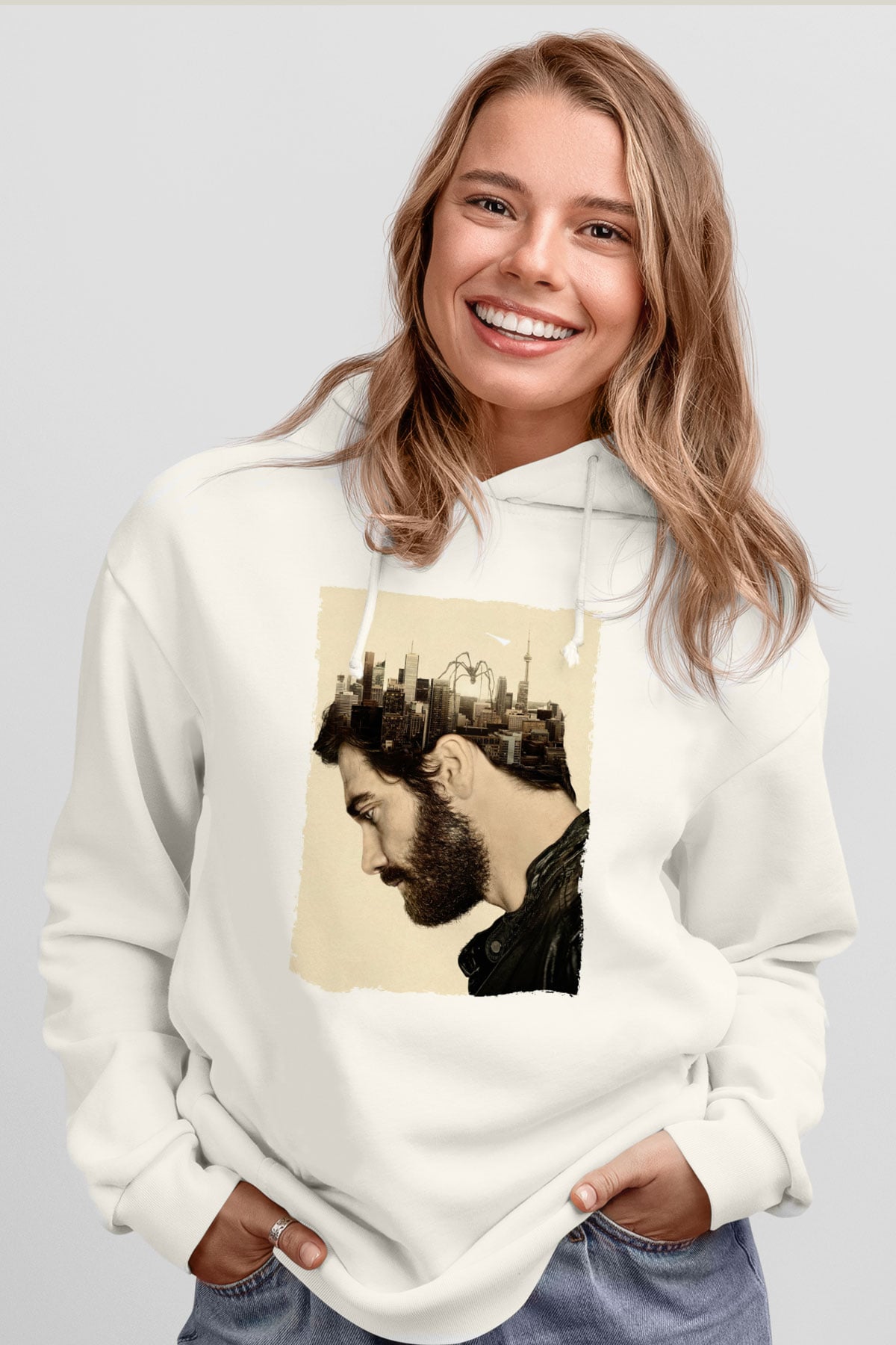 Unisex Düşman (Enemy) Baskılı Beyaz Kapüşonlu Sweatshirt