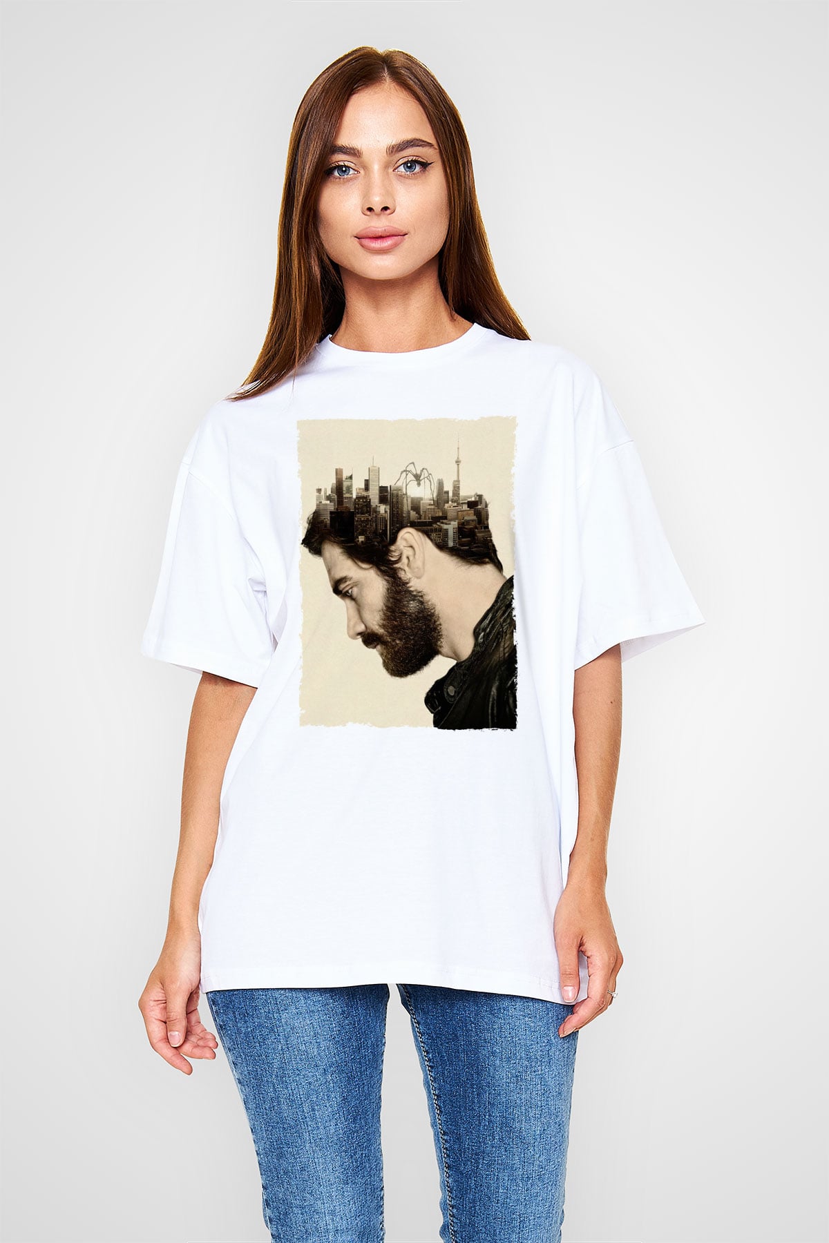 Unisex Düşman (Enemy) Baskılı Beyaz Oversize Oversize T-shirt