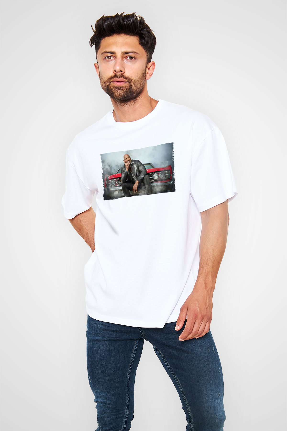 Unisex Dwayne Johnson as Luke Hobbs in Fast and Furious Baskılı Beyaz Oversize Oversize T-shirt