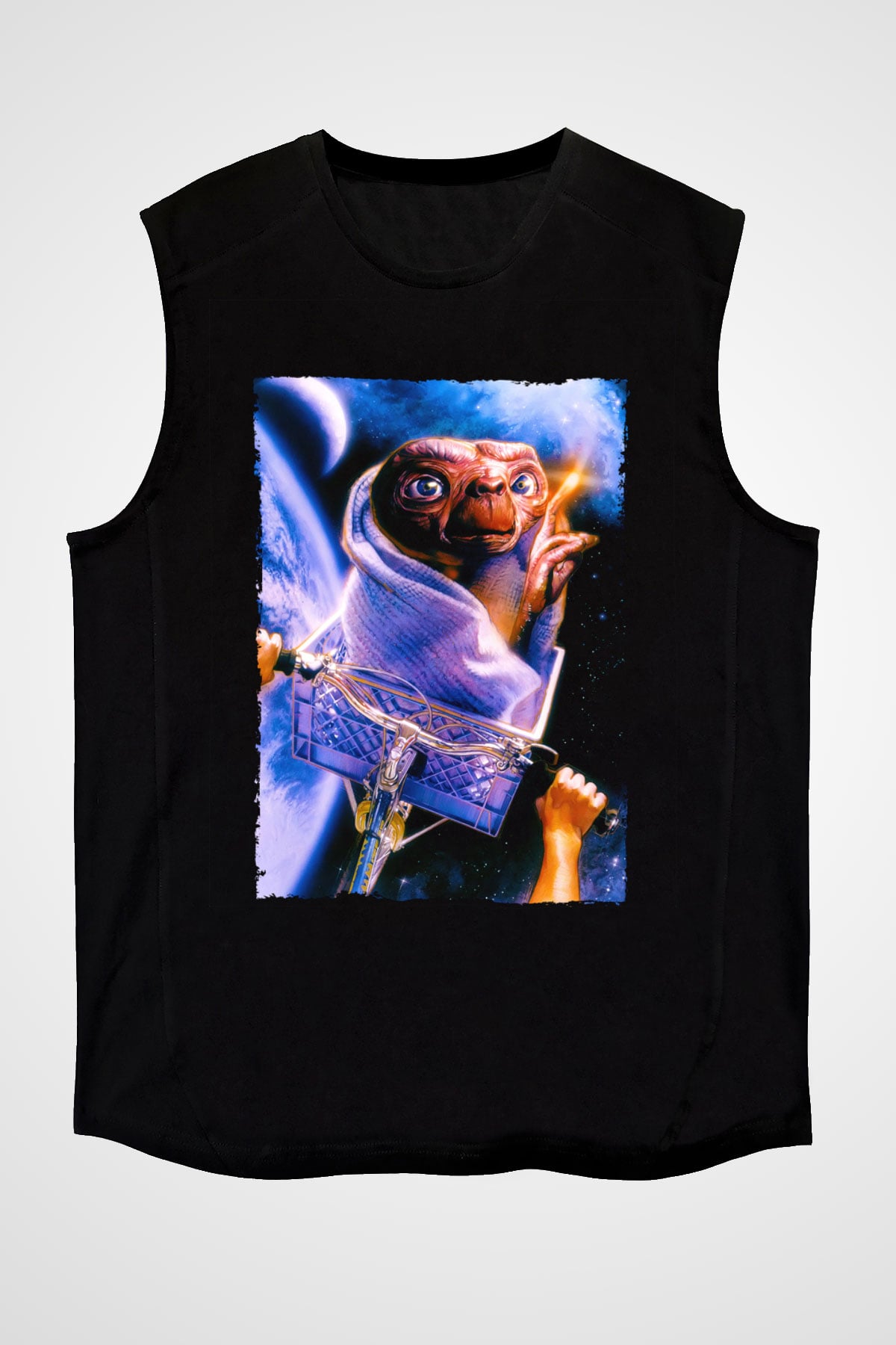 Unisex E.T. (E.T. the Extra-Terrestrial) Baskılı Siyah Kolsuz Tshirt