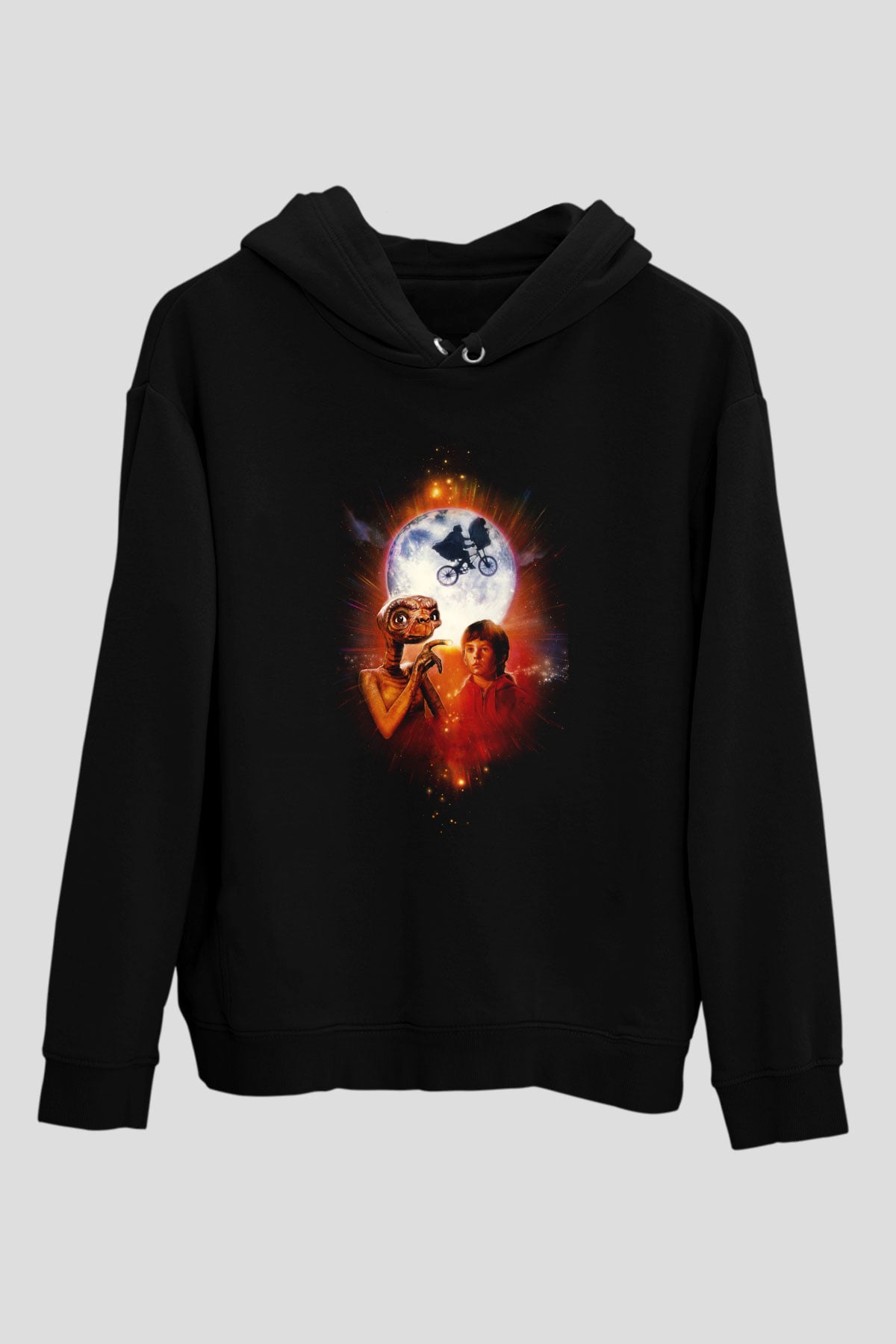Unisex E.T. (E.T. the Extra-Terrestrial) Baskılı Siyah Kapüşonlu Sweatshirt