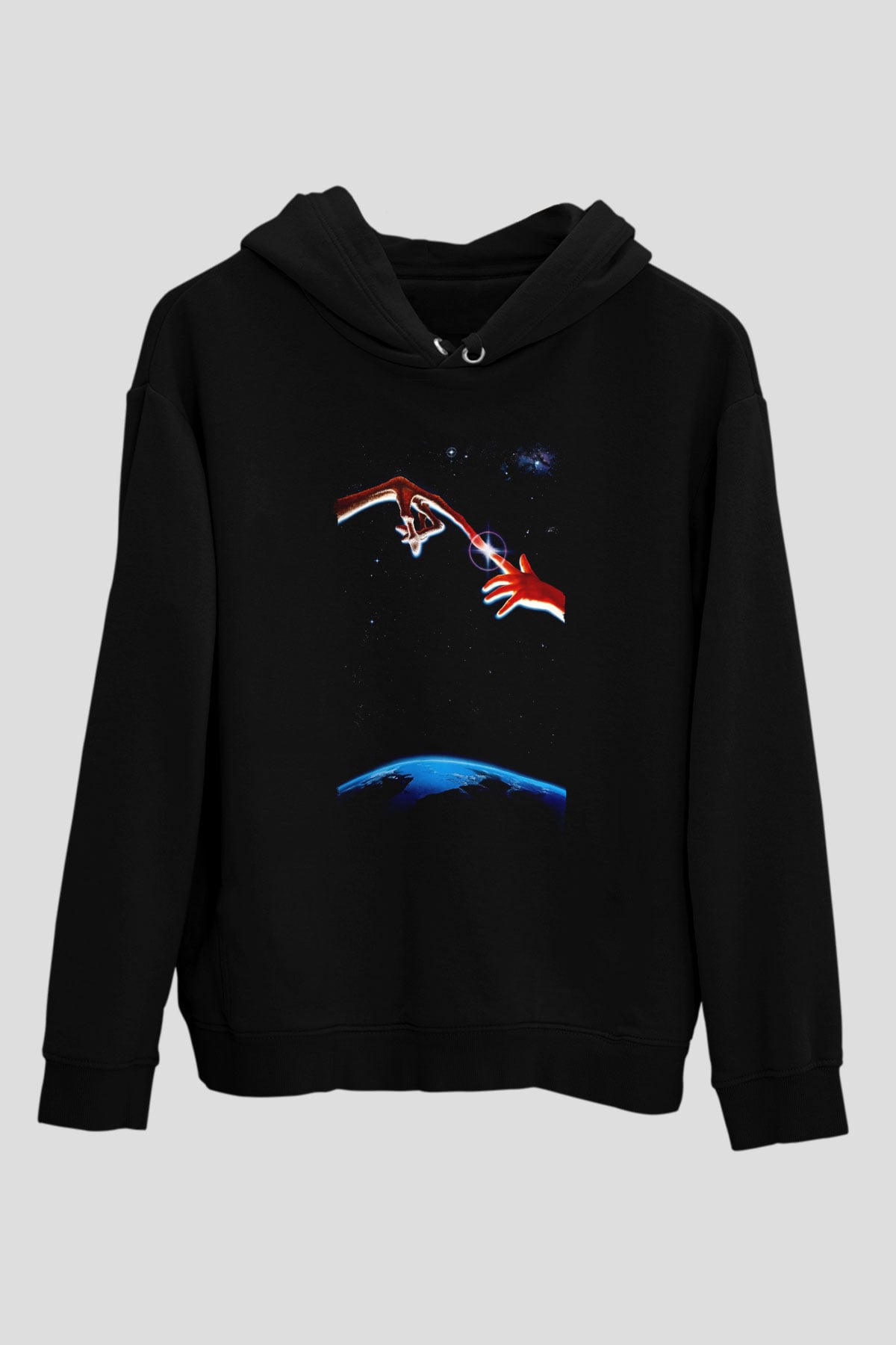 Unisex E.T. (E.T. the Extra-Terrestrial) Baskılı Siyah Kapüşonlu Sweatshirt