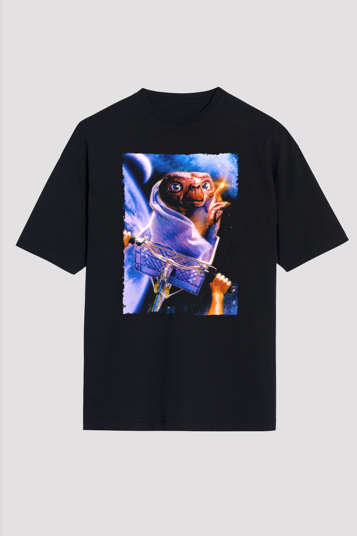 Unisex E.T. (E.T. the Extra-Terrestrial) Baskılı Siyah Oversize Tshirt