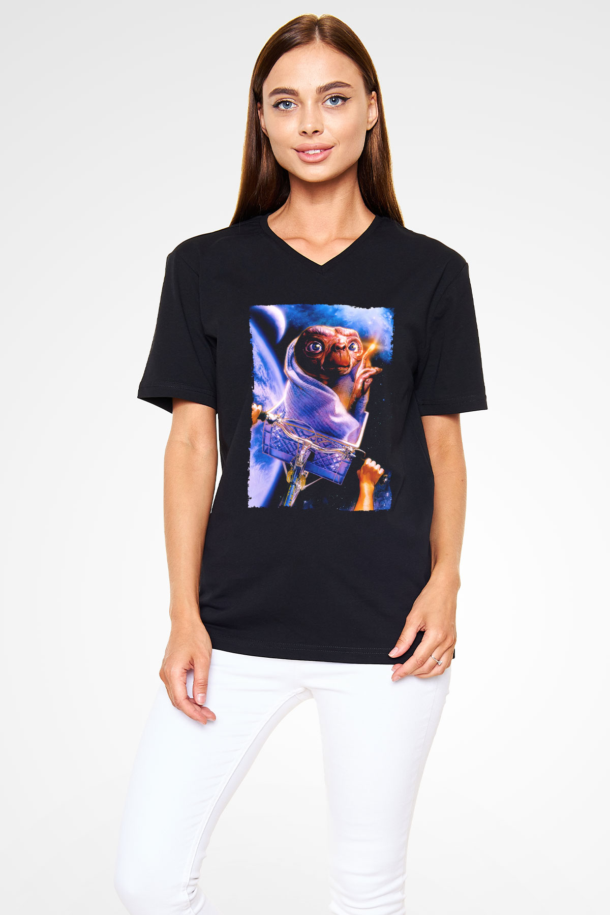 Unisex E.T. (E.T. the Extra-Terrestrial) Baskılı Siyah V Yaka Tshirt