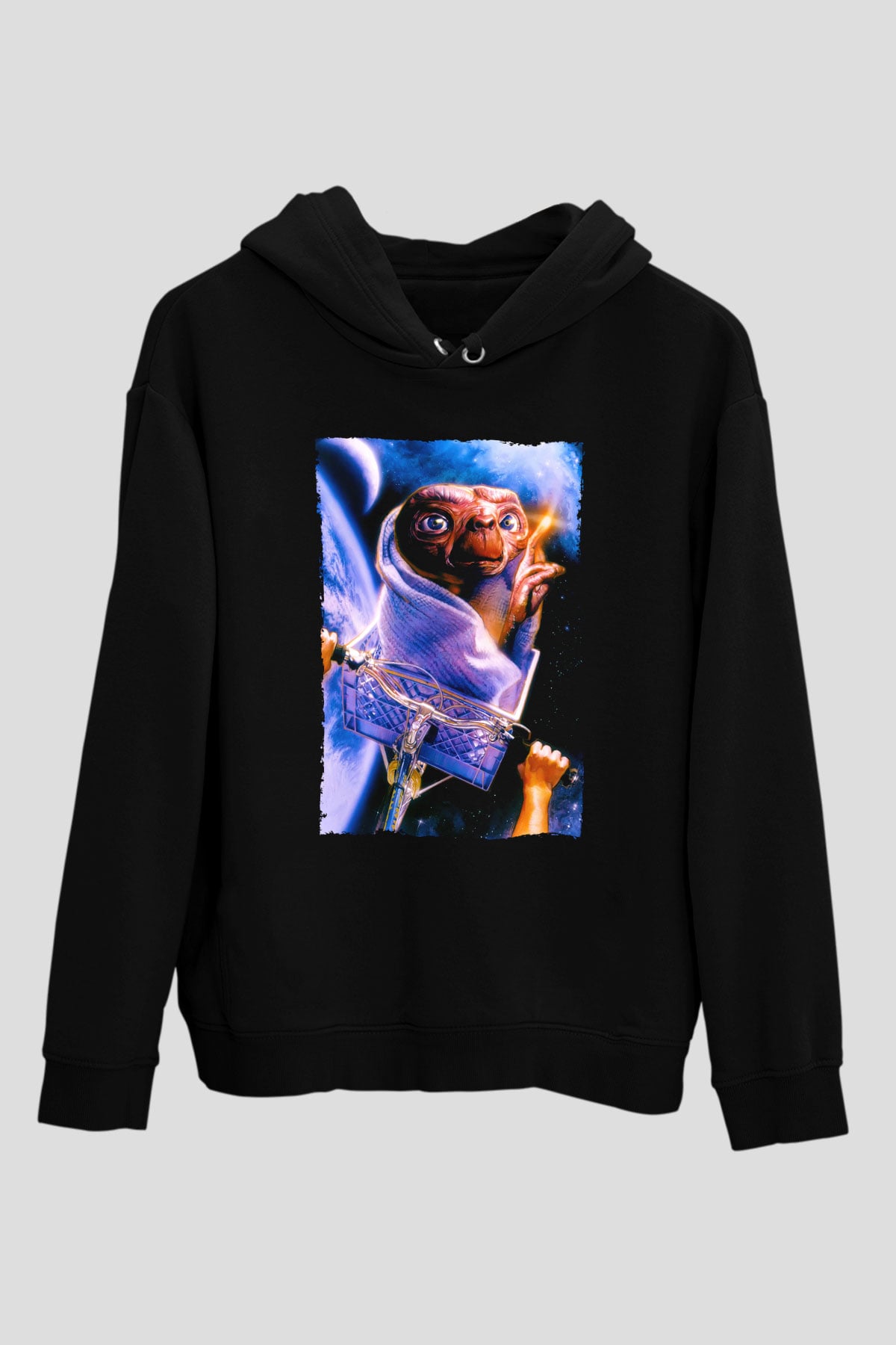 Unisex E.T. (E.T. the Extra-Terrestrial) Baskılı Siyah Kapüşonlu Sweatshirt