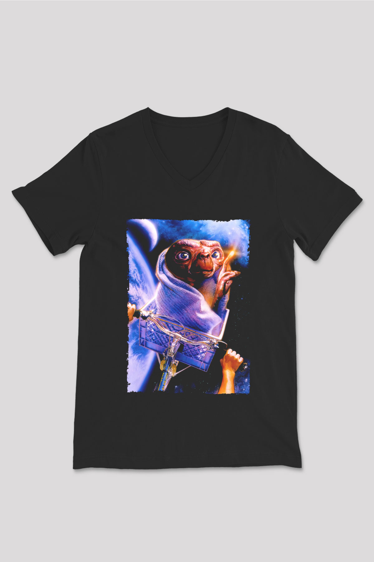 Unisex E.T. (E.T. the Extra-Terrestrial) Baskılı Siyah V Yaka Tshirt