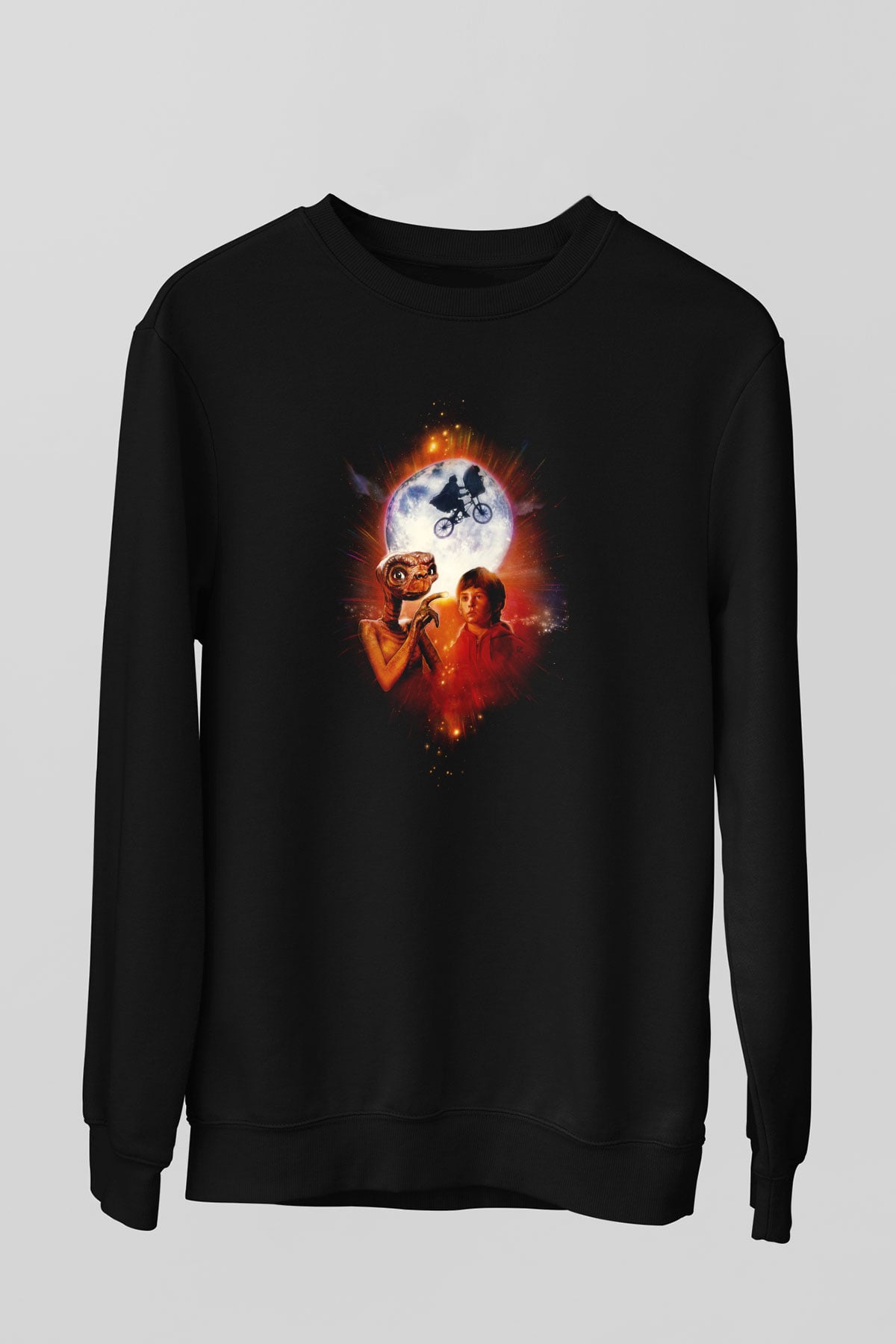 Unisex E.T. (E.T. the Extra-Terrestrial) Baskılı Siyah Sweatshirt