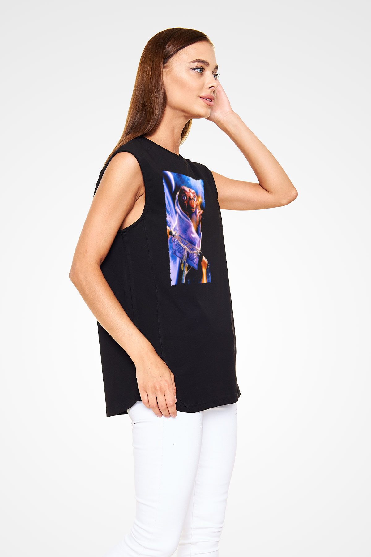 Unisex E.T. (E.T. the Extra-Terrestrial) Baskılı Siyah Kolsuz Tshirt
