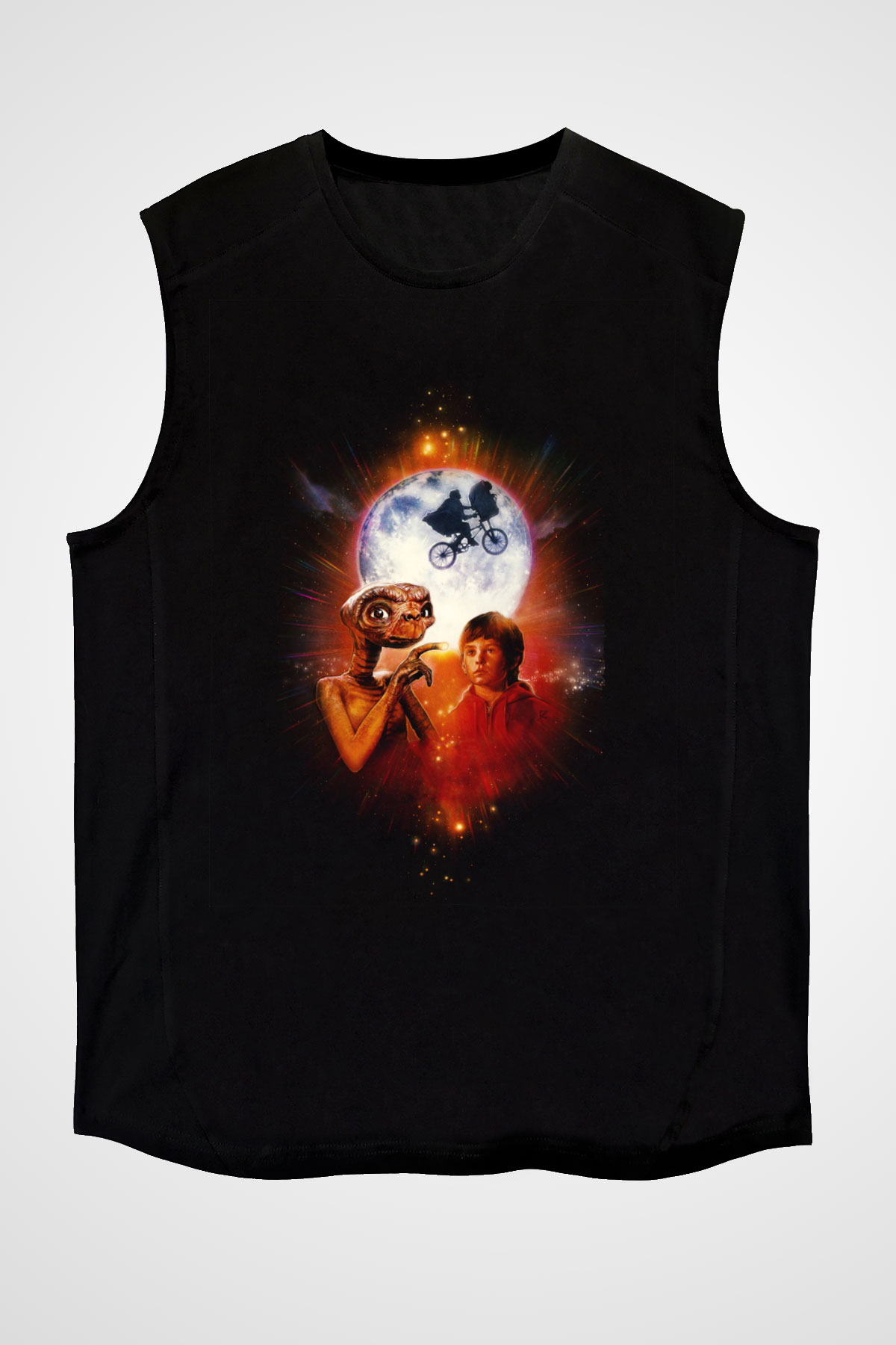 Unisex E.T. (E.T. the Extra-Terrestrial) Baskılı Siyah Kolsuz Tişört