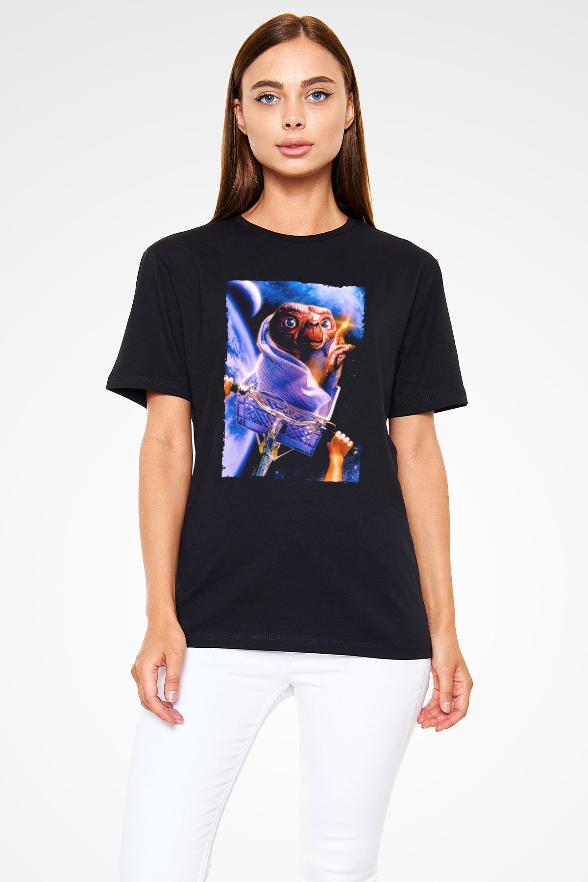 Unisex E.T. (E.T. the Extra-Terrestrial) Baskılı Siyah Tshirt