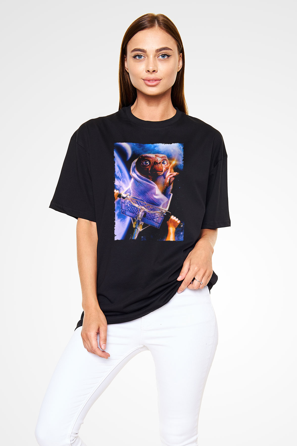 Unisex E.T. (E.T. the Extra-Terrestrial) Baskılı Siyah Oversize Tshirt