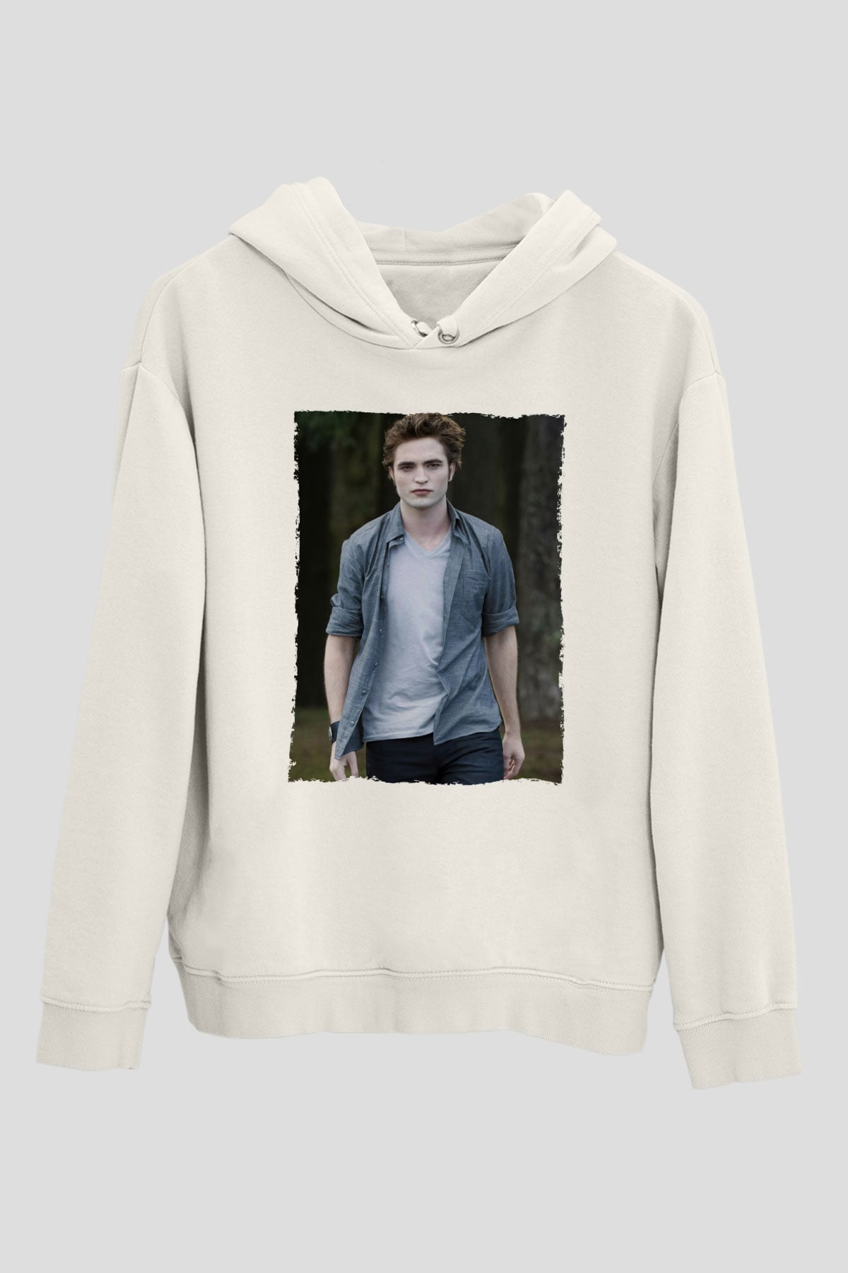 Unisex Edward Cullen Baskılı Beyaz Kapüşonlu Sweatshirt