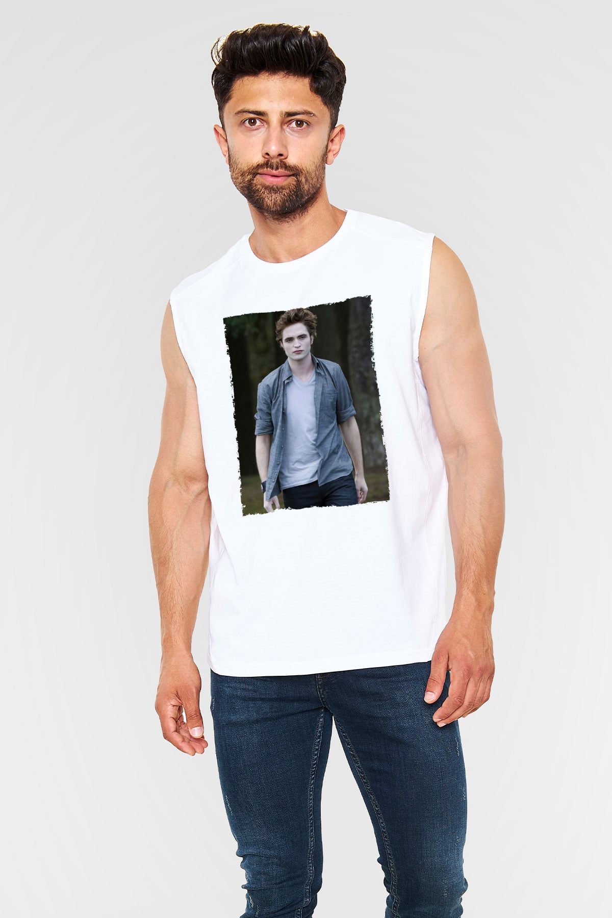 Unisex Edward Cullen Baskılı Beyaz Kolsuz Tshirt