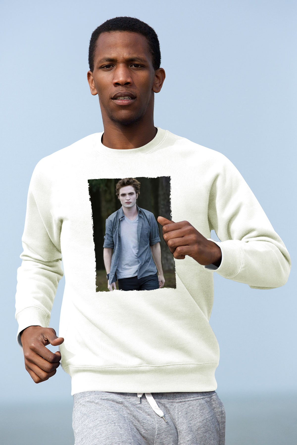 Unisex Edward Cullen Baskılı Beyaz Sweatshirt
