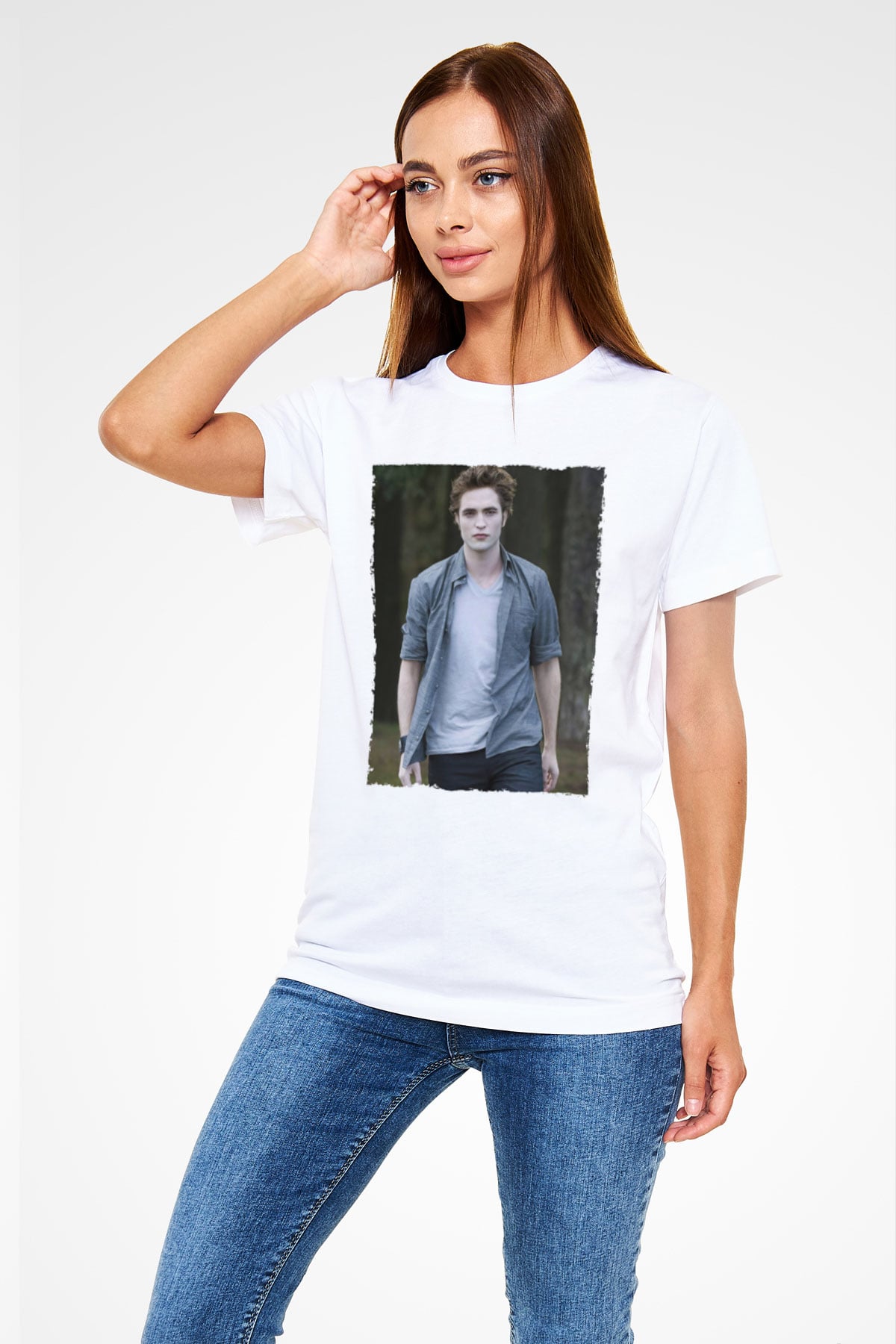 Unisex Edward Cullen Baskılı Beyaz Tshirt