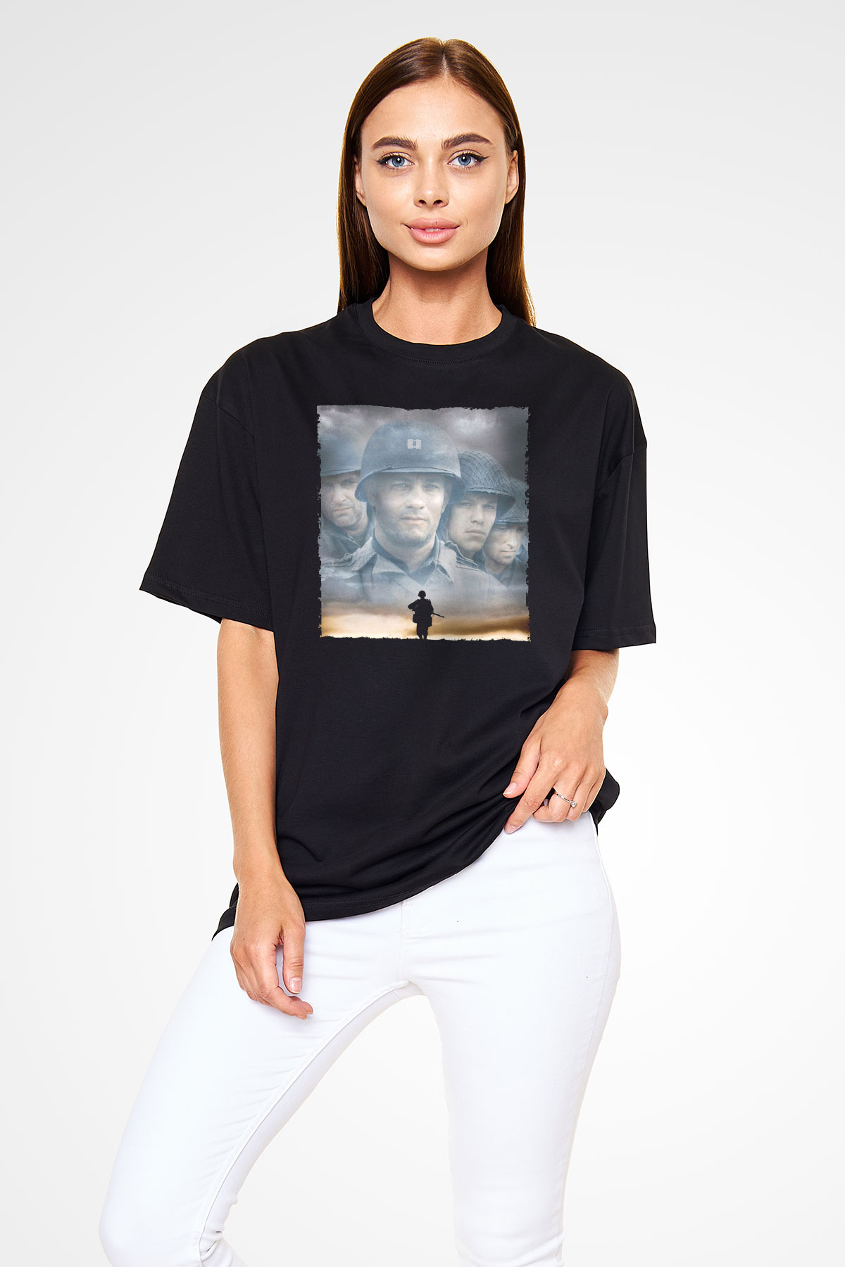 Unisex Er Ryan'ı Kurtarmak (Saving Private Ryan) Baskılı Siyah Oversize Tişört