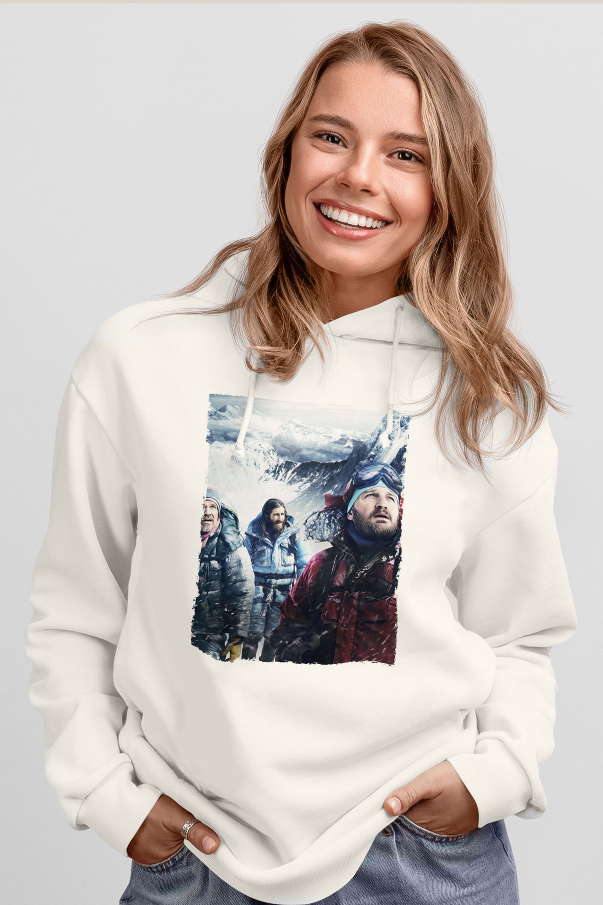 Unisex Everest Dağı Baskılı Beyaz Kapüşonlu Sweatshirt