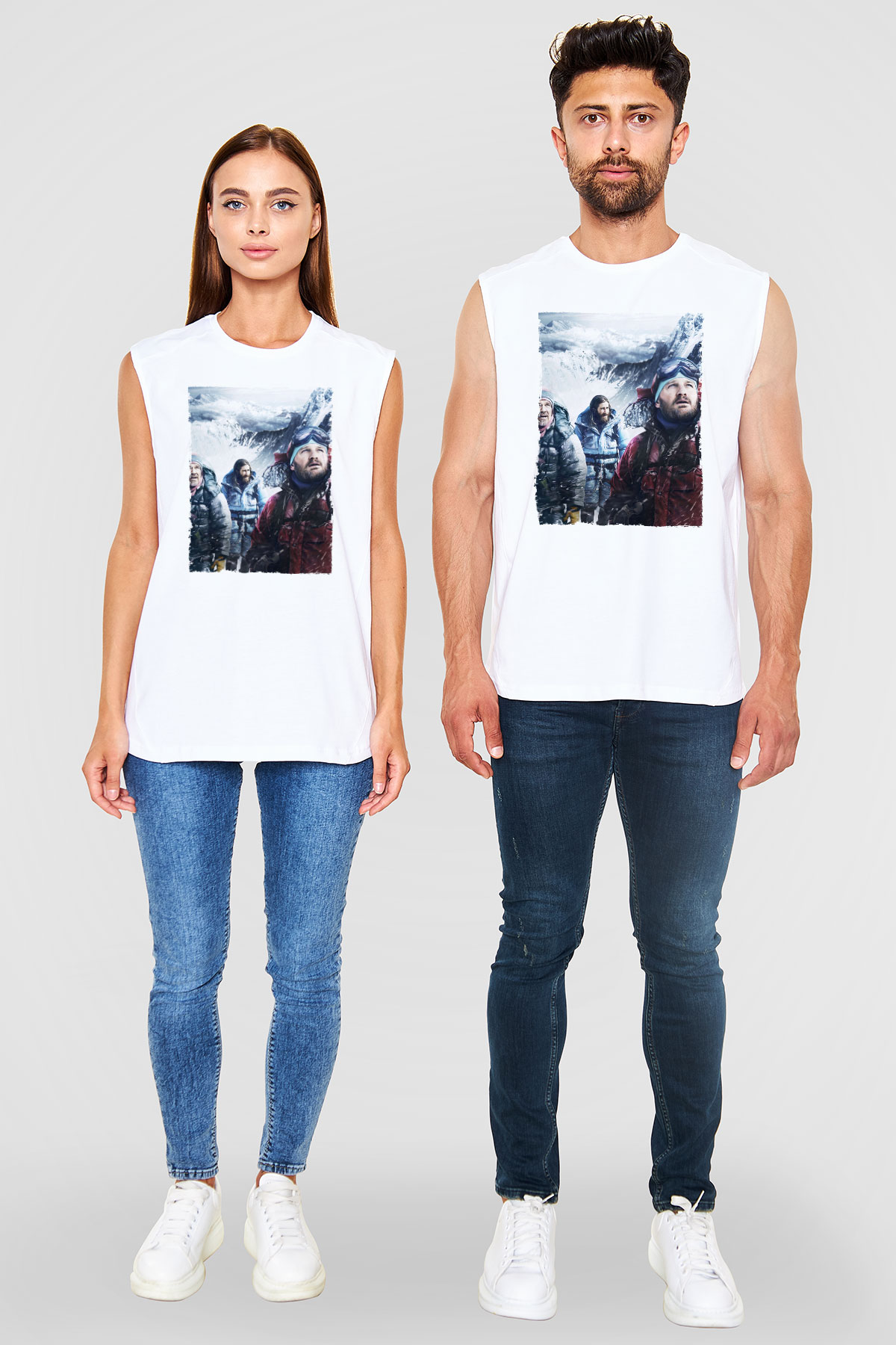 Unisex Everest Dağı Baskılı Beyaz Kolsuz Tshirt