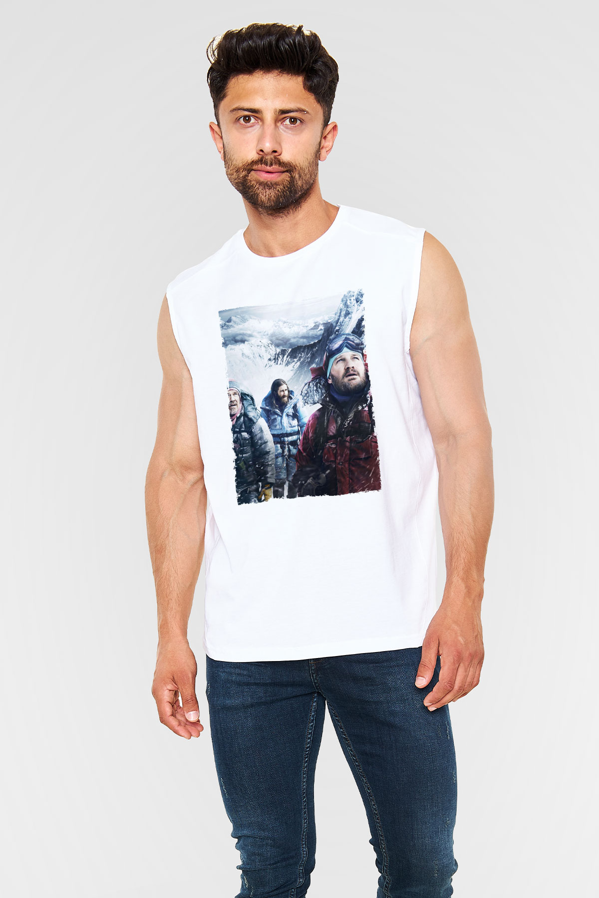 Unisex Everest Dağı Baskılı Beyaz Kolsuz Tshirt