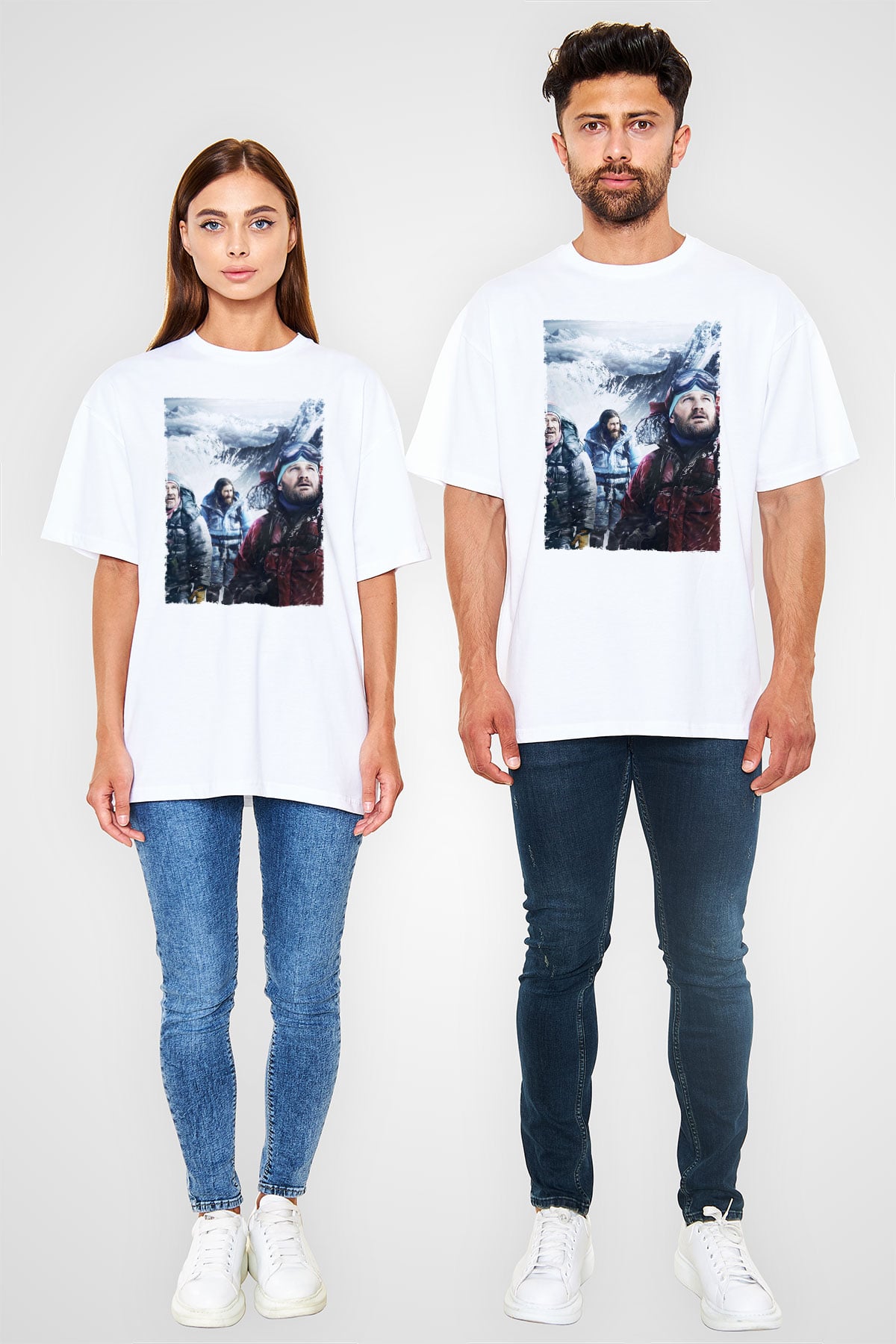 Unisex Everest Dağı Baskılı Beyaz Oversize Oversize T-shirt