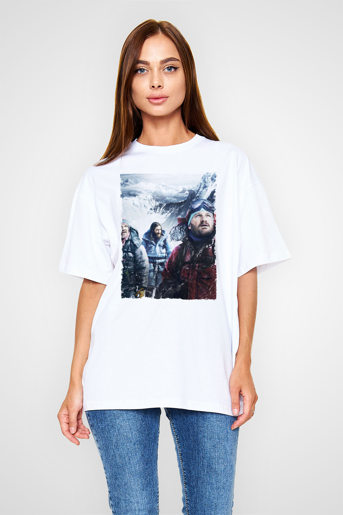 Unisex Everest Dağı Baskılı Beyaz Oversize Oversize T-shirt