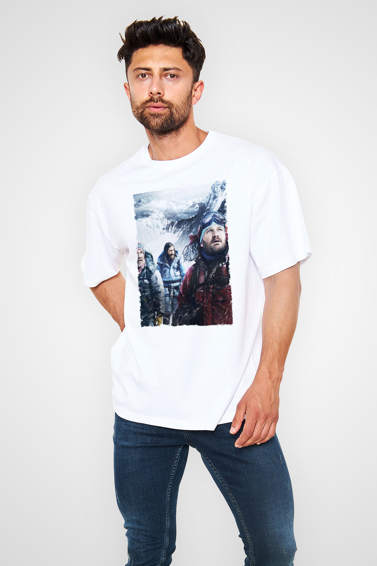 Unisex Everest Dağı Baskılı Beyaz Oversize Oversize T-shirt