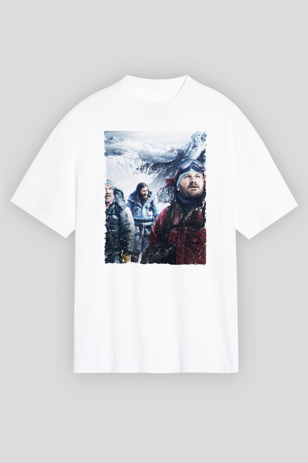 Unisex Everest Dağı Baskılı Beyaz Oversize Oversize T-shirt