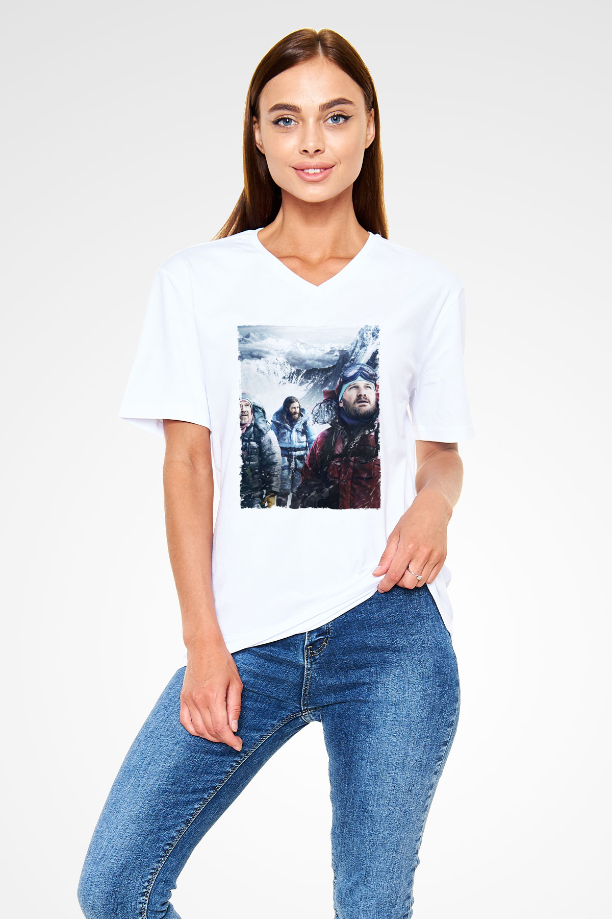 Unisex Everest Dağı Baskılı Beyaz V Yaka Tshirt