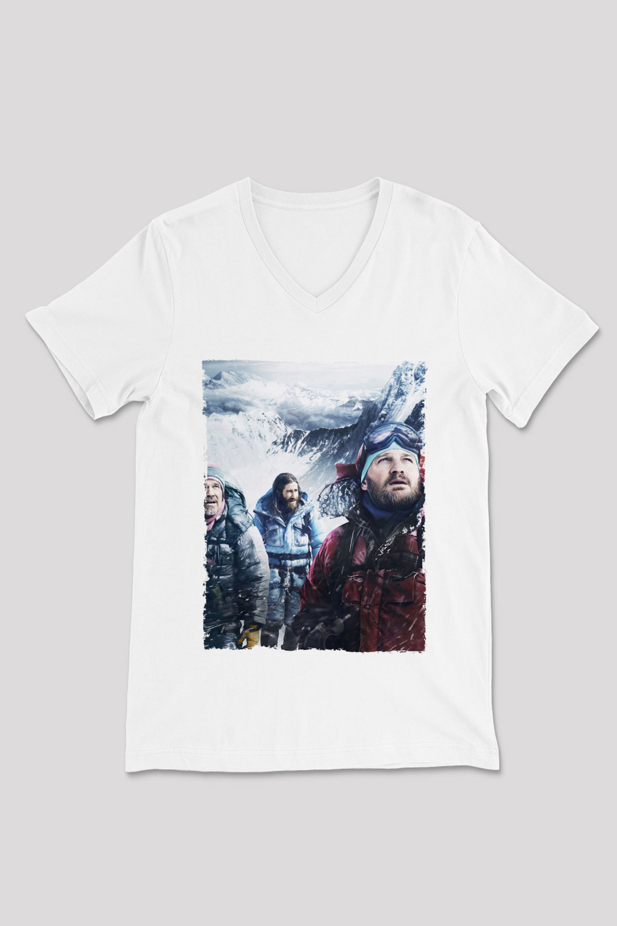Unisex Everest Dağı Baskılı Beyaz V Yaka Tshirt