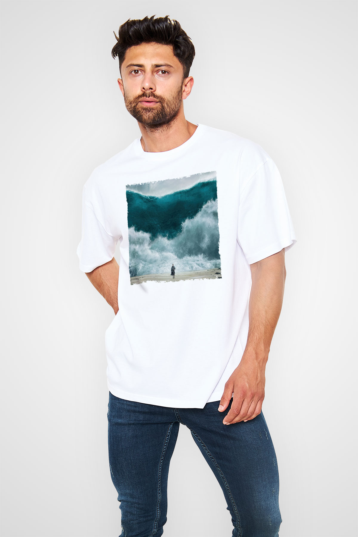 Unisex Exodus Gods and Kings Baskılı Beyaz Oversize Oversize T-shirt