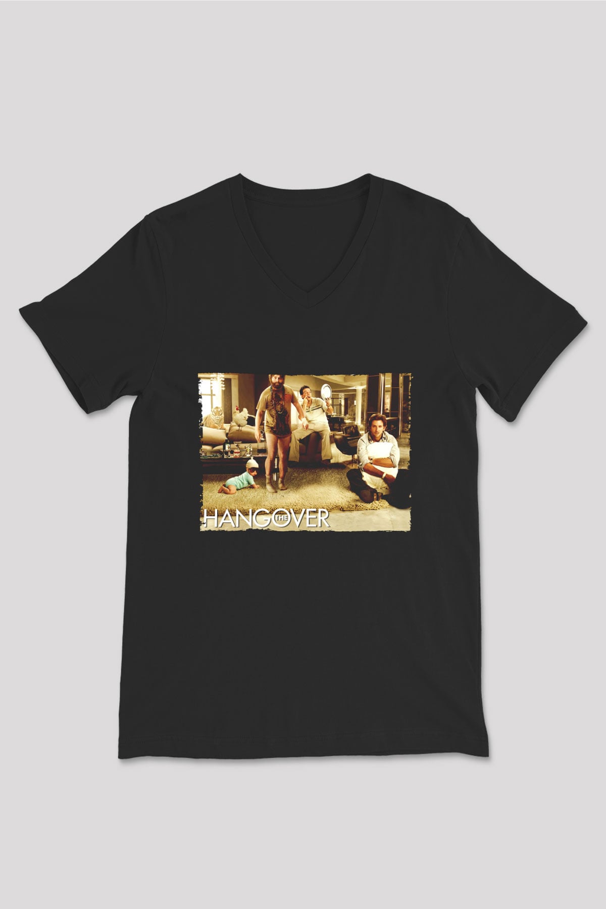 Unisex Felekten Bir Gece (The Hangover) Baskılı Siyah V Yaka Tshirt