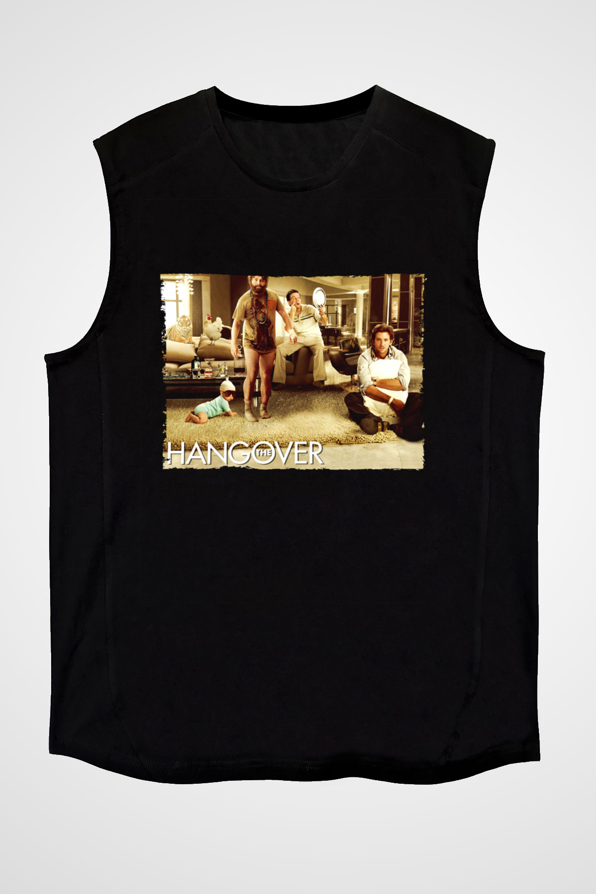Unisex Felekten Bir Gece (The Hangover) Baskılı Siyah Kolsuz Tshirt