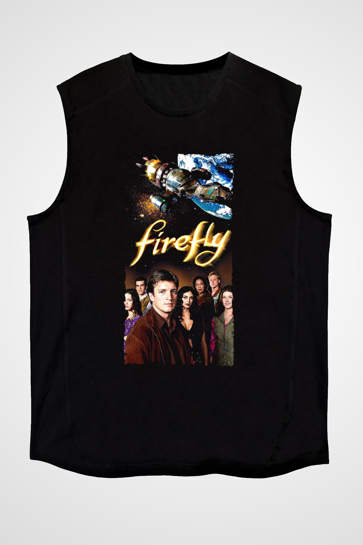 Unisex Firefly Baskılı Siyah Kolsuz Tişört