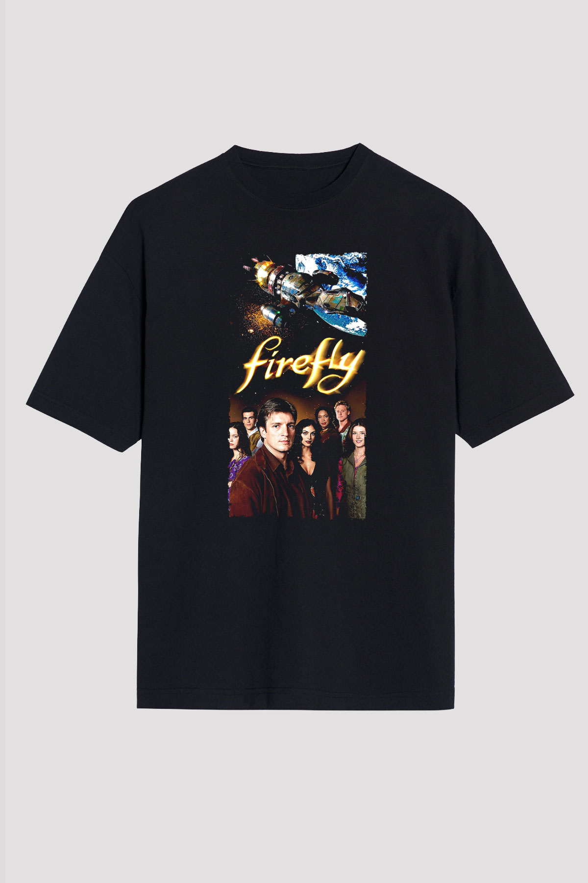 Unisex Firefly Baskılı Siyah Oversize Tişört