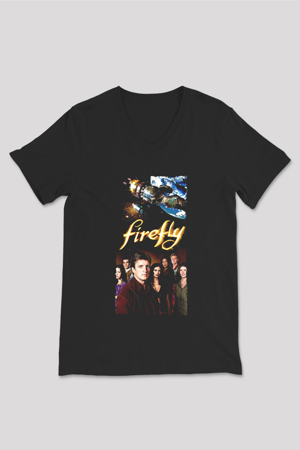 Unisex Firefly Baskılı Siyah V Yaka Tişört