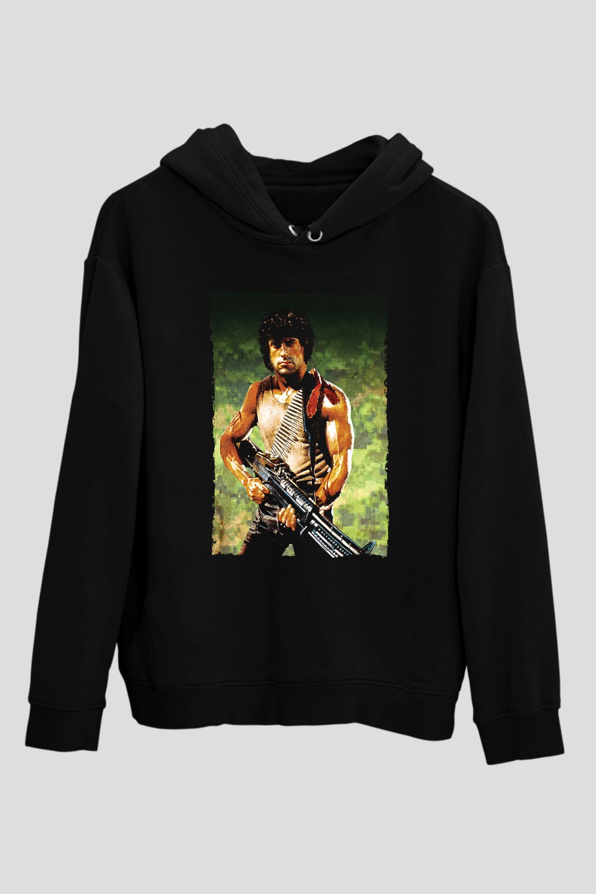Unisex First Blood Baskılı Siyah Kapüşonlu Sweatshirt