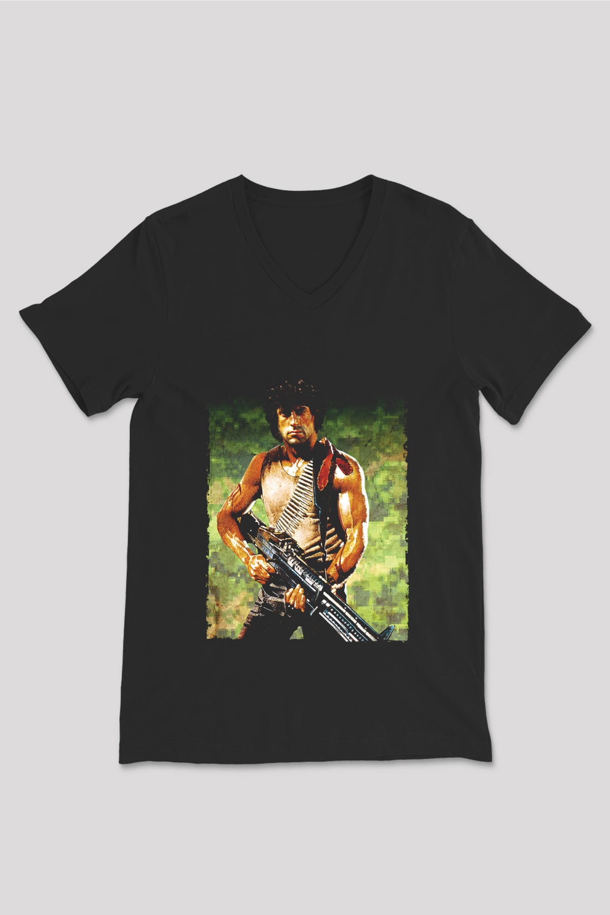 Unisex First Blood Baskılı Siyah V Yaka Tişört
